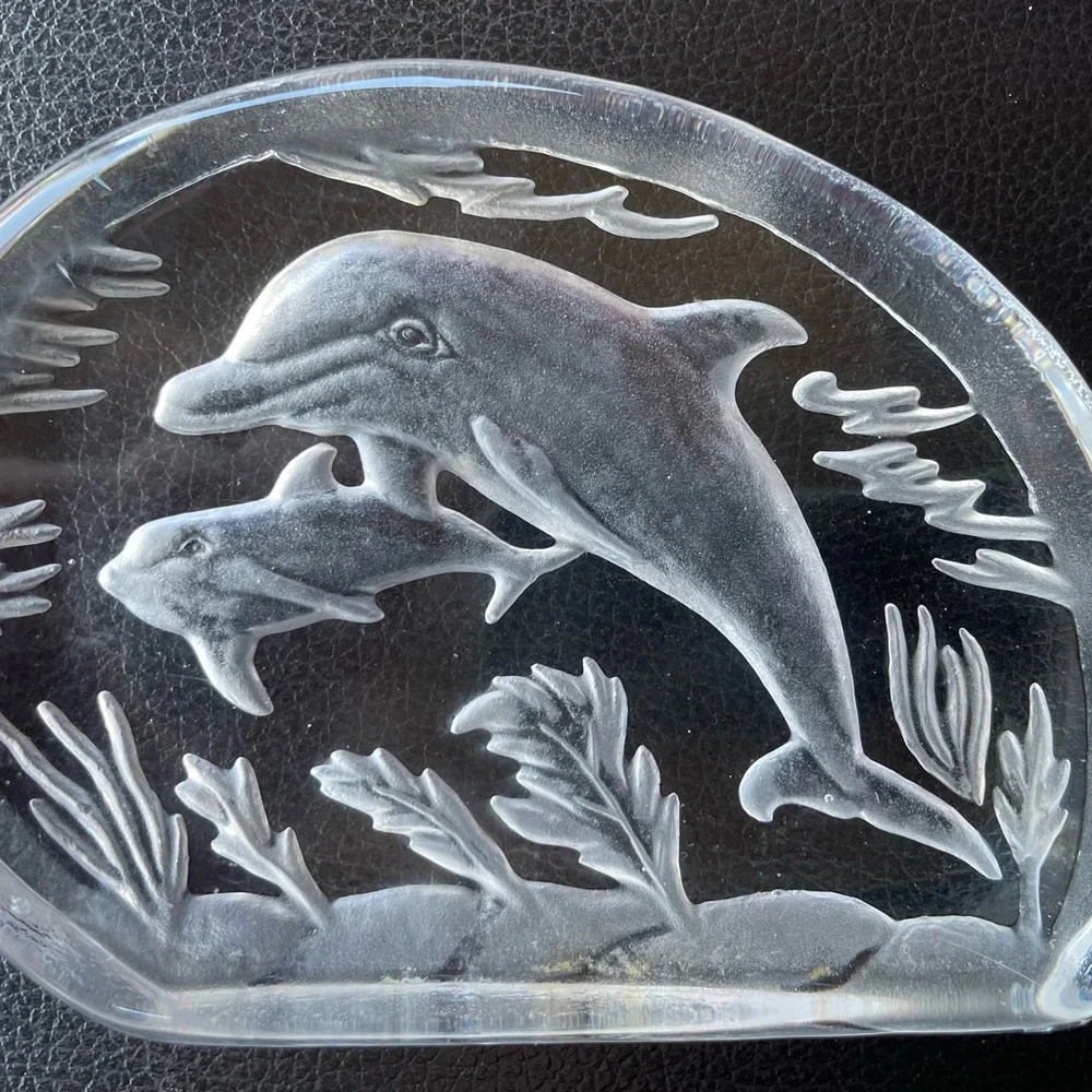 Vintage Sarmis Royal CrownRomanian Crystal Dolphin art glass Paperweight Romania